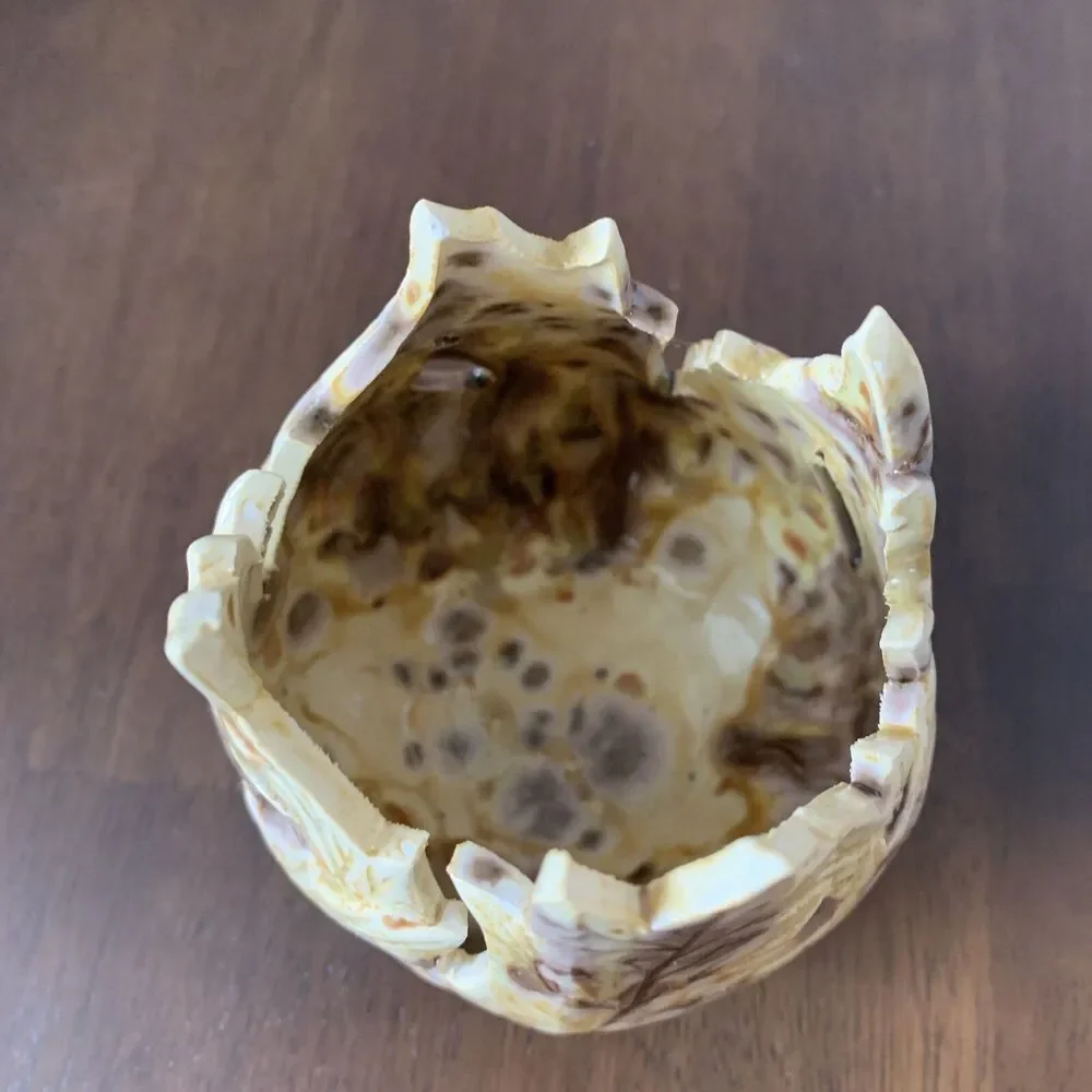 ART POTTERY VINTAGE.HANDMADE Yellow & Brown Leaf Design 3 3/4 Inch Signed W/date